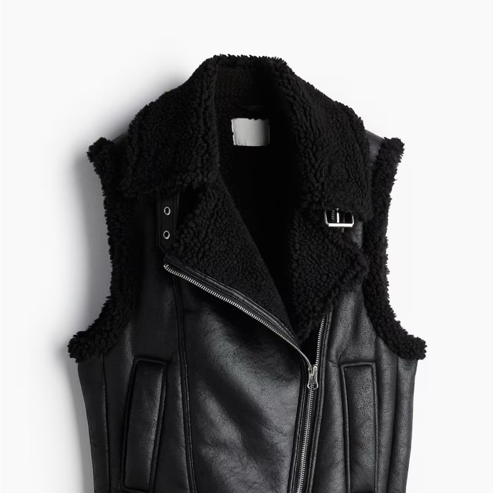 H&M Black Faux Leather Vest with Shearling